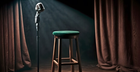 Poster background for stand up comedy stage microphone with reflectors ray. Concept open mic for monologue. Generation AI - obrazy, fototapety, plakaty