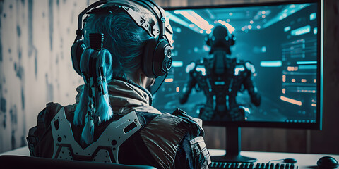 Fototapeta premium Cybersport banner, Neon red and blue color. Professional gamer playing online games with headphones. Generation AI