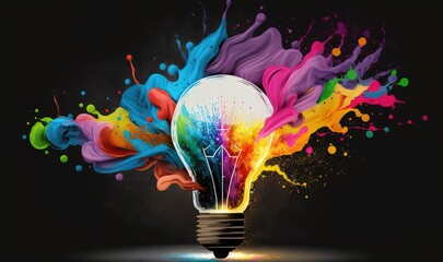  a light bulb with a lot of colors coming out of the lightbulb and splashing on the lightbulb and on the wall.  generative ai