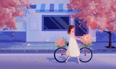 Rides and Blooms: Girl with Bicycle Walks through City Streets, Adorned with a Beautiful Flower lovely illustration captures the charm of a girl with a bicycle as she strolls through the city street
