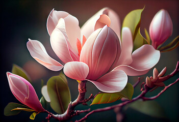 Branch of pink magnolia macro. Spring flowers. Generated AI.