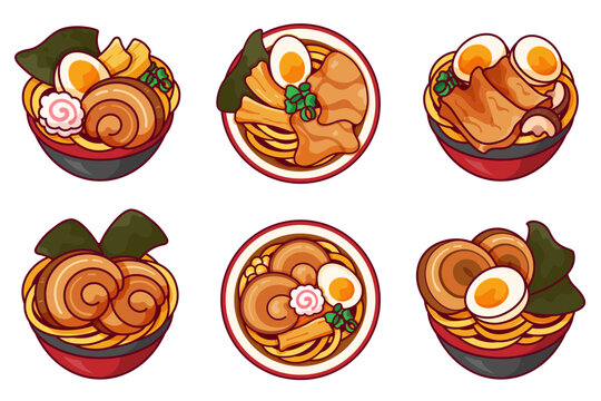 Japanese ramen noodle soup recipe set vector. Japanese noodles ramen with chashu pork, egg, naruto fish cake, bamboo and seaweed isolated illustration vector. Shoyu ramen noodle soup icon design. 