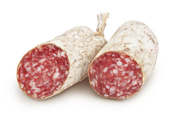 Cured salami sausage isolated on white background. Italian cuisine with full depth of field