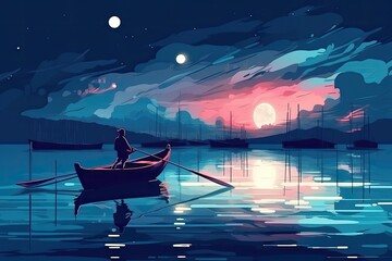 night scenery of a man rowing a boat among many glowing moons floating on the sea, digital art style, illustration painting - Generative AI