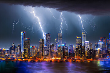 Lightning Over A City At Night Generative AI Art