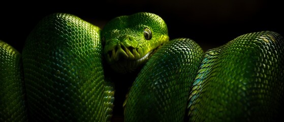 Green snake and eye on black background