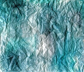Crumpled paper texture, blue watercolor clouds on paper 