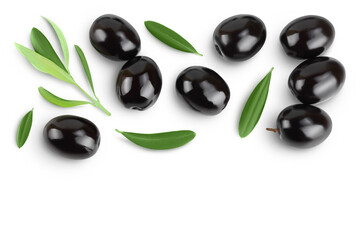 Black olives with leaves isolated on a white background with full depth of field. Top view with copy space for your text. Flat lay