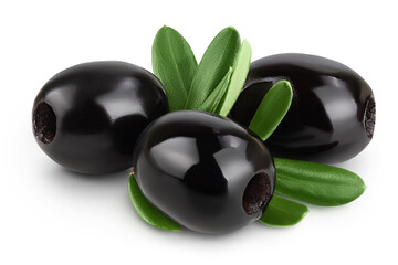 Black olives with leaves isolated on a white background with full depth of field.