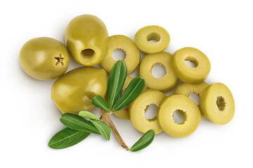 Green olives with leaves isolated on a white background with full depth of field. Top view. Flat lay