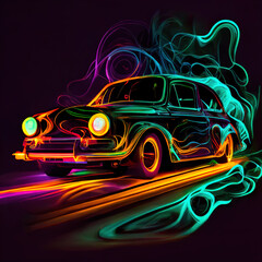 Obraz na płótnie Canvas Abstract car in neon colors - glowing outline of a car on a dark background, generative AI