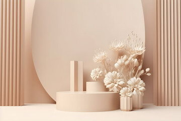 3D background, pedestal podium with flowers. Pastel display showcase set for Beauty, Cosmetic product presentation template. Abstract, art deco, geometric minimal 3D render mockup. AI generated.