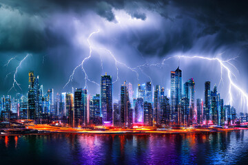 Fototapeta premium City skyline with lightning thunderstorm Generative AI Art