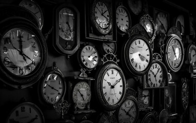 Wall display of assorted classic clocks in a monochrome setting, showcasing different designs and times.