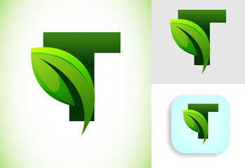 Initial T alphabet with a leaf. Eco-friendly logo concept. Graphic alphabet symbol for business and company identity.