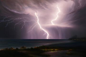 Naklejka na ściany i meble Lightning thunderstorm over the beach Generative AI Art