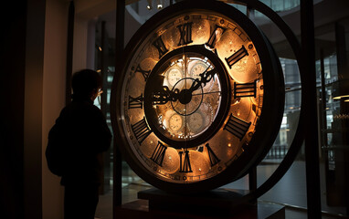 Silhouette of a person observing a grand illuminated clock inside a modern building, merging past and present.