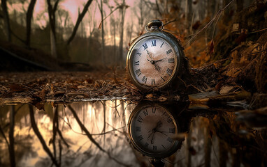 Pocket watch positioned near a forest pond, its image mirrored perfectly on the calm water, surrounded by serene woods.