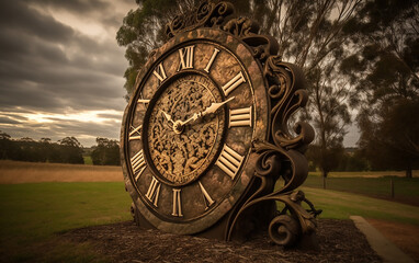 Fototapeta na wymiar Large ornamental outdoor clock with intricate carvings, standing prominently in a park with trees in the background.