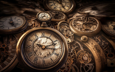 Close-up of vintage pocket watches with intricate designs, gears, and cogs in focus showing passage of time.