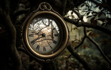 Naklejka premium Antique pocket watch hanging from a tree branch, with blurred forest in the background, suggesting nature's timelessness.