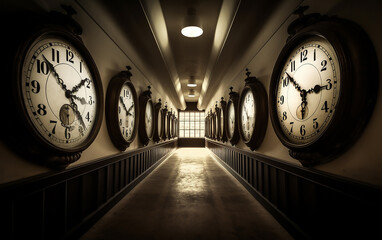 Long corridor with a clock on the walls. A hallway adorned with hanging clocks on both sides, all showing different times, leading to a bright exit.