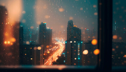 Fototapeta na wymiar Night view of the rainy city through the window
