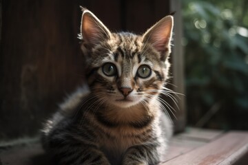 Fototapeta na wymiar Lazy Striped Cat Kitten on Front Porch. Generative AI
