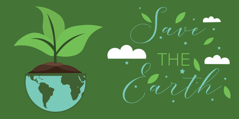 Banner for World Earth Day with planet and young plant
