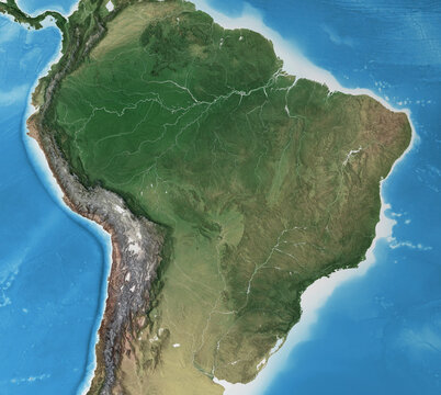 Physical map of Brazil. Geography and topography of Amazon rainforest. Detailed flat view of the Planet Earth and its landforms. 3D illustration - Elements of this image furnished by NASA