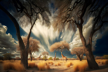Sunrise over the savannah and grass fields in South Africa with cloudy sky. Neural network AI generated art
