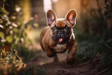 adorable puppy french bulldog running freely in front of the house. Generative AI