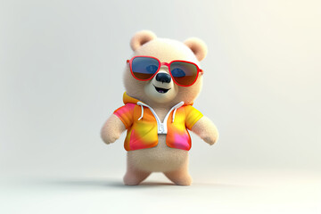 A happy and cool 3D character of a bear with full body, wearing clothes and sunglasses, on a background. Generative AI