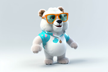 A happy and cool 3D character of a bear with full body, wearing clothes and sunglasses, on a background. Generative AI