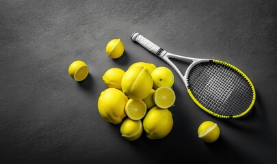 a tennis racket and a bunch of lemons on a black surface with some lemons on the side of the tennis racket.  generative ai