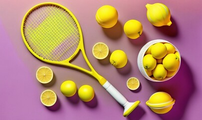  a yellow tennis racket and a bowl of lemons on a purple background with a pink background and a white bowl of lemons.  generative ai