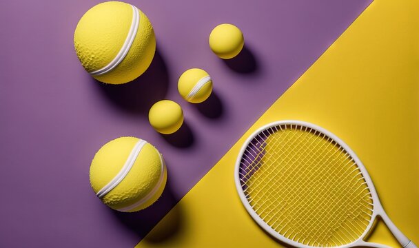  a tennis racket and balls on a purple and yellow background with a purple and yellow diagonal strip in the middle of the image and a yellow and white tennis racket on the. generative ai © Shanti
