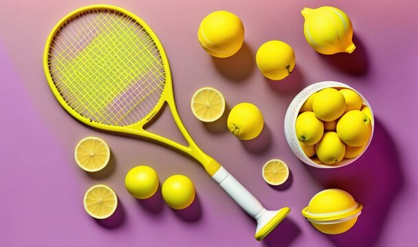  a yellow tennis racket and a bowl of lemons on a purple background with a pink background and a white bowl of lemons. generative ai © Shanti