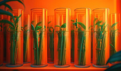  a row of glass vases with plants in them sitting on a shelf in front of an orange wall with a plant in the middle of the row.  generative ai