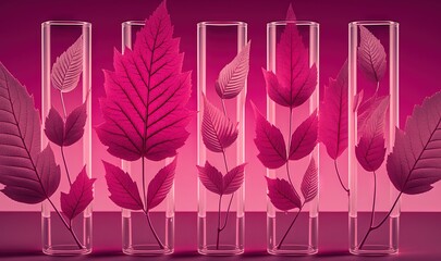  a group of vases filled with leaves on top of a pink background with a pink background and a pink background with a pink background.  generative ai