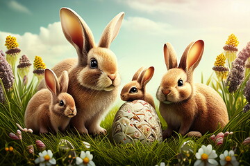 Bunny family with easter eggs on spring meadow, generative AI