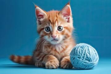On a blue background, an adorable red kitty is playing with a ball of thread. Front view of a fluffy kitten gazing into the camera against a blue background. Generative AI