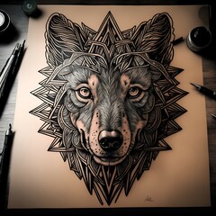 Draw of a wolf with patterns of sacret geometry in a table
