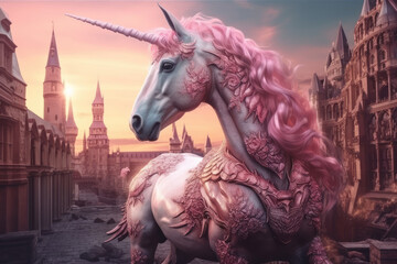 Pink unicorn as a symbol of successful start up companies, vintage city in the background with copy space, generative ai