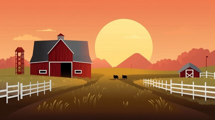 Farm landscape with sunset and mountains