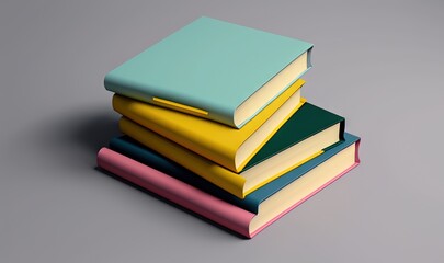  a stack of books sitting on top of each other on top of a gray surface with a blue cover on top of it and a yellow cover.  generative ai