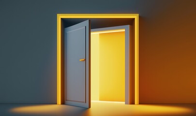  an open door with a bright yellow light coming in to a dark room with a light coming in from the door and a bright yellow light coming in from the door.  generative ai