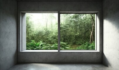  an empty room with a large window and a view of a forest through the window of a concrete wall, with sunlight streaming through the window.  generative ai