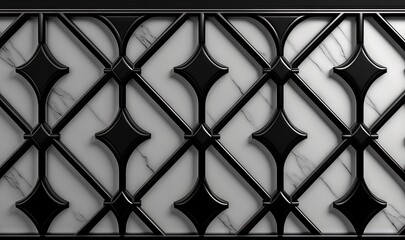  a black and white photo of a decorative window with a black frame and a white marble pattern on the outside of the window and a black and white background.  generative ai