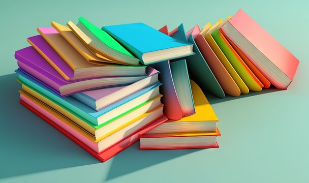  a stack of books sitting on top of each other on a table next to a blue wall and a green wall behind it is a stack of books.  generative ai